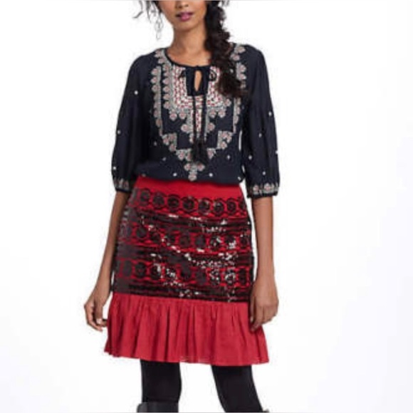 New Anthro MOULINETTE SOEURS Suelta Skirt Straight Pencil Trumpet Sequin Red - Picture 5 of 12